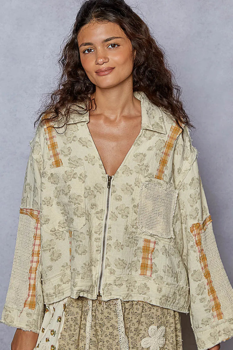 POL Raw Hem Zip Up Floral Jacket with Plaid and Crochet Patch - SwagglyLife Home & Fashion